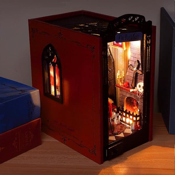 Bokhörna, 3D Träpussel Bokstödssats med LED-ljus, DIY Dockhus Miniatyr Bokhyllesats