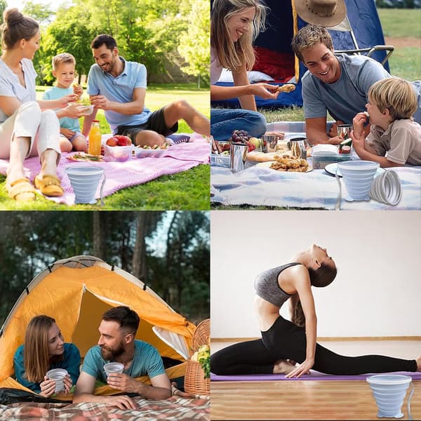Foldable Silicone Cup with Lid - Small Collapsible Drinking Cup for Travel, Camping, Outdoor | Portable & Reusable (Blue+Grey, 180ml)