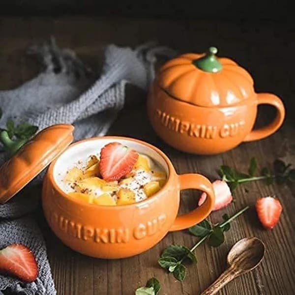 Halloween Ceramic Pumpkin Mug, Cute Pumpkin Cup, Ceramic Coffee Mug, 350ml Teacup with Lid (cup) S