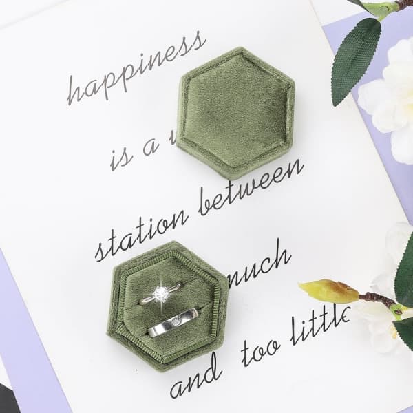 Velvet Ring Box, Double Ring Box with Removable Lid for Wedding Ceremony (Olive Green)