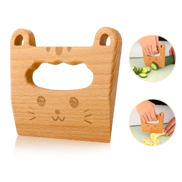 Träkniv för barn för matlagning och skärning av frukt, grönsaker och tårtor, söt kattformad barnköksredskap för små händer i köket