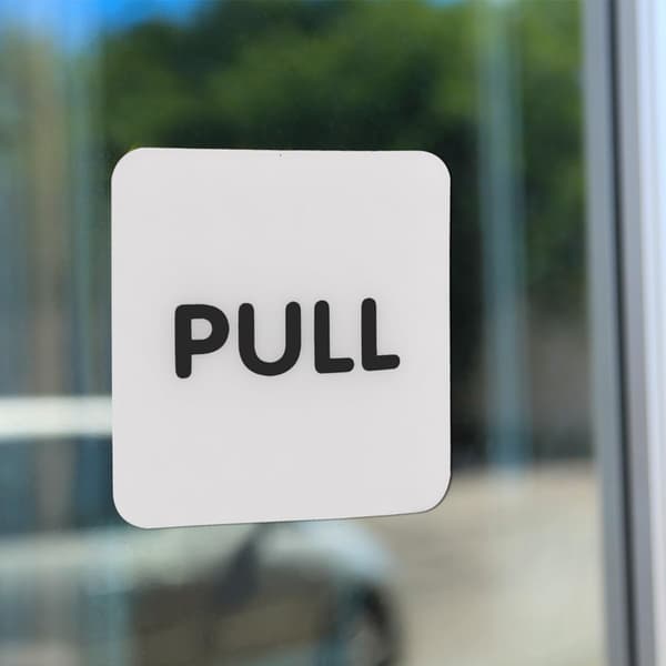 Itsekiinnittyvä Push Pull -ovitarra 10x10cm Akryylikyltti lasioville sisäänkäyntipari