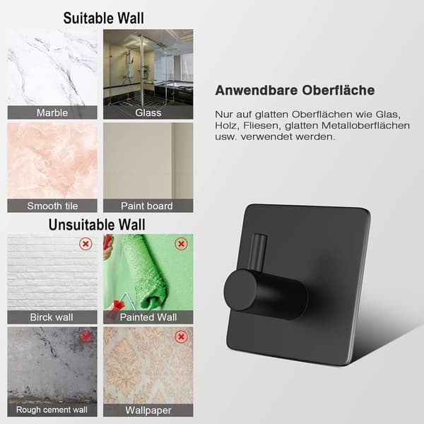 304 Stainless Steel Hook, Wall Mounted Bracket Hook, Self-Adhesive Nail-Free Hook*4 (Self-Adhesive Black Square Base Single Hook*6)