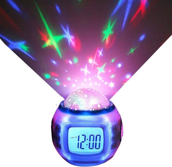 Stjerneprojektor med musik, kalender, timer og termometer