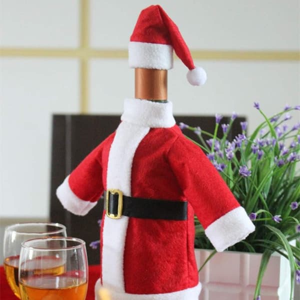 4-pack Jultomte Vinflaskfodral och Kläder för Alla Standard Vinflaskor, Jultema Tomtedräkt och Hattdesign