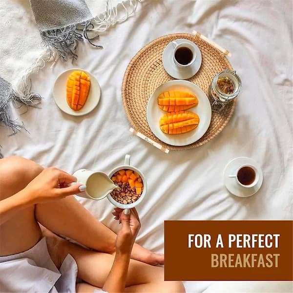 Round Rattan Serving Tray, Hand-Woven Decorative Tray with Handles for Home Kitchen Coffee Table, Brown 28 cm