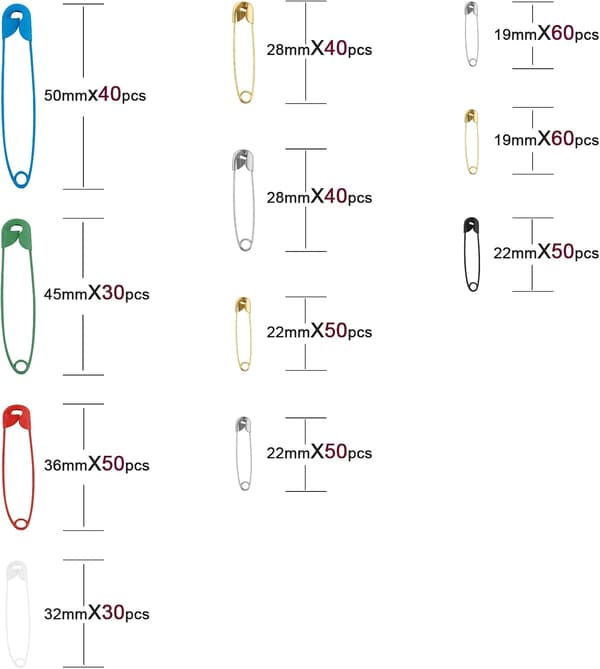 500 Pieces 7 Sizes Large and Small Safety Pins Assorted 19mm 22mm