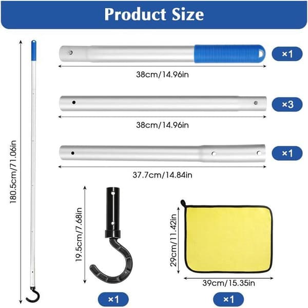 Pool Robot Hook - 1 Piece - Telescopic Aluminum - Extension 0.3m to 1.7m - Bottom Cleaning and