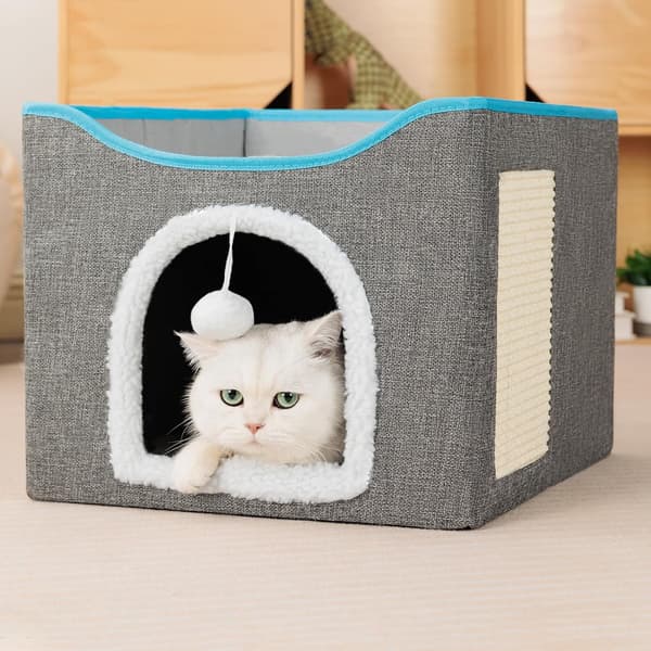 Katteseng Foldbart Kattehus Hule med Kradsebræt og Fluffy Bold Indendørs til Flere Små Kæledyr 41 * 41 * 34 cm Grå