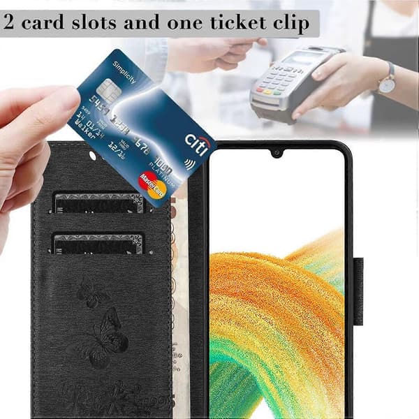 Etui til Samsung Galaxy A16 5G Sommerfugle Blomst Læder Pung Flip Telefonetui - Sort