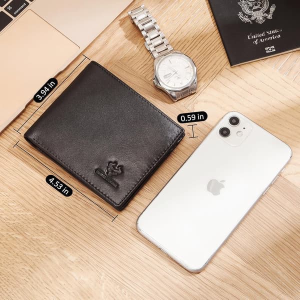 Men's Wallet with Chain Genuine Leather Wallet RFID Protected Bifold Wallet with ID Window Card Slots, Black