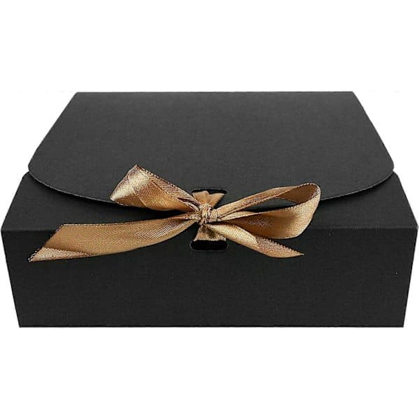 Förpackning med 12 fyrkantiga presentaskar, 16,5 cm x 16,5 cm x 5 cm, enkel montering, svart ask med rosettband