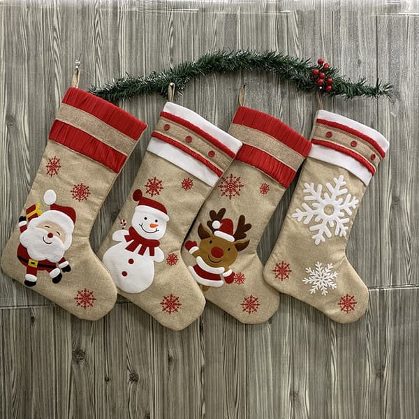Personalized Linen Christmas Stockings, Hanging, Snowman and Deer, 4 Pieces