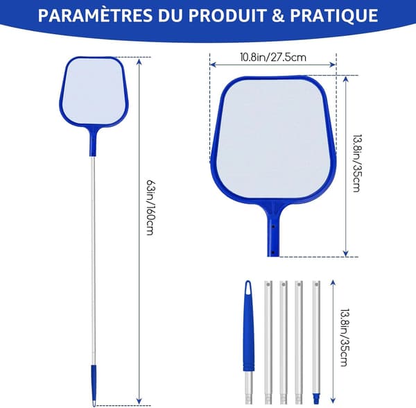 Surface skimmer for swimming pools, pool net, pool skimmer with 120 cm adjustable telescopic pole