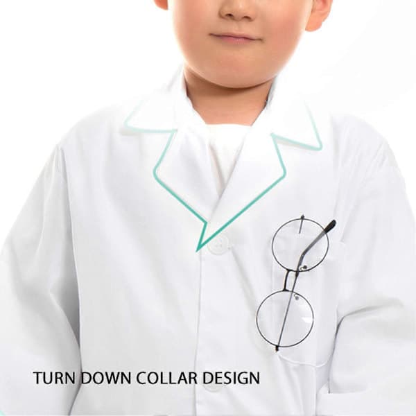 Kids Lab Coat Fold-Down Collar Adjustable Realistic Role Play Lab Coat White Kids Cotton Flat Sleeve L