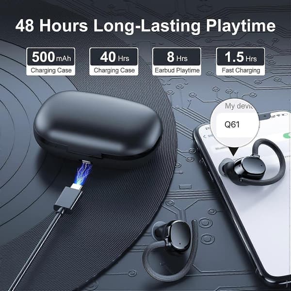 Q61 Wireless 5.3 Headphones with Ear Hook Dual LED Display Waterproof Comfortable Hifi Earbuds