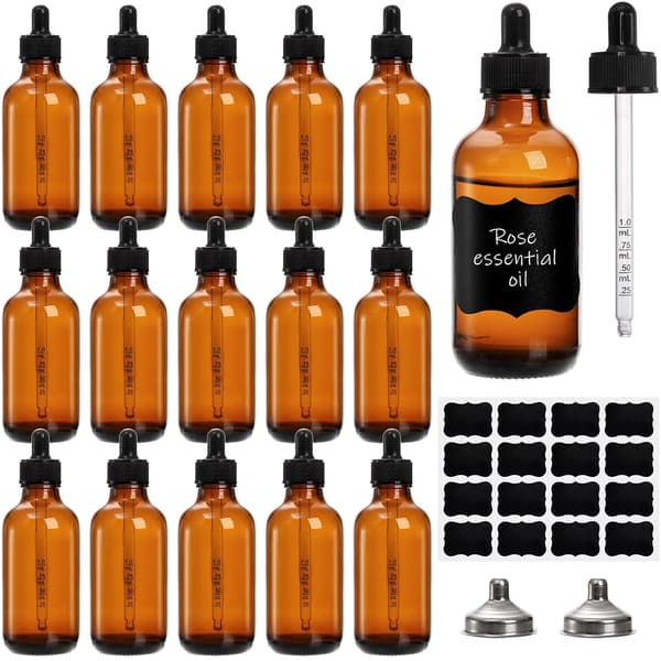16-pack droppflaskor, 120 ml bärnstensfärgade glasflaskor med graderade ögondroppar för eteriska oljor, parfym, rostfritt stål, griffeltavla
