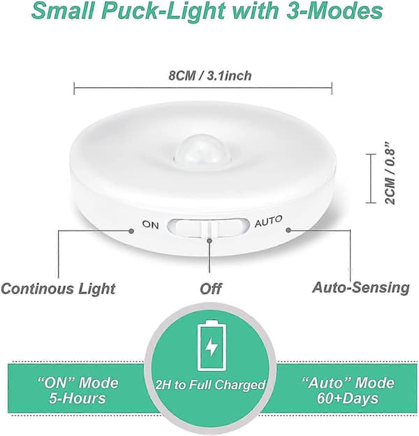 Automatic LED Night Light Indoor Motion Sensor Light Wireless LED Lamps 3 Modes (Auto/On/Off) USB Rechargeable Light [Energy Class A+++] 3 Pieces