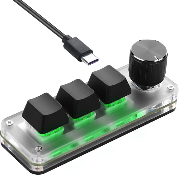 Mini Programmable Mechanical Keyboard with Three Buttons and a Rotary Macro Shortcut Knob | Multi-device PC for Gaming and Office Use