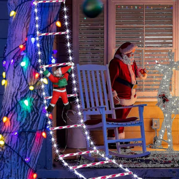 10ft Christmas Decorative Ladder with Climbing Santa, LED Ladder Lights Christmas