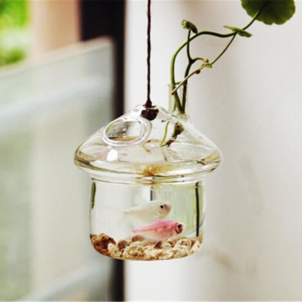 2x Svampformad hängande glaskruka Vas Rumble Fish Tank Terrarium Container Hemträdgård Deco