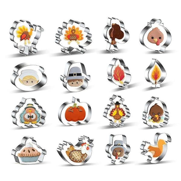 16 stk Thanksgiving-tema kakeformer sett rustfritt stål kjeksform fondant bakverk dekorere DIY bakeform