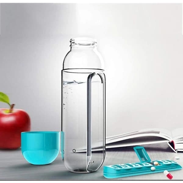 Daglig pilledispenser med 590 ml vannflaske, pilledispenser for utendørs bruk, reisevannflaske med pilledispenser - Blå