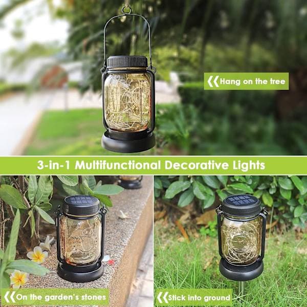 Solar Hanging Lantern with Ground Spike, Waterproof Outdoor Solar Mason Jar with Fairy String Lights [DB]
