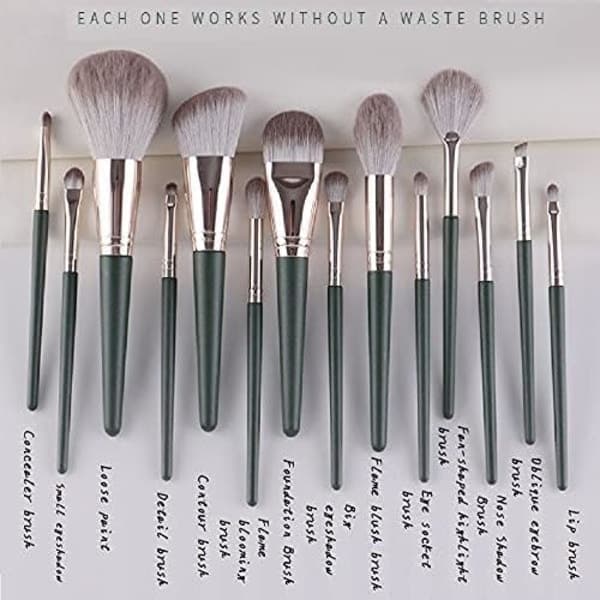 14 stk. makeupbørster Professionelt makeupbørstesæt, grøn