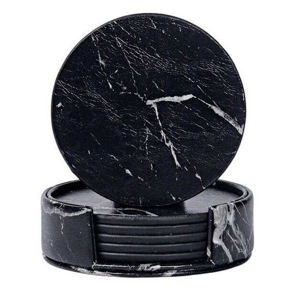6-pak Vendbare Brikker Sort Marmor PU med Holder Sort
