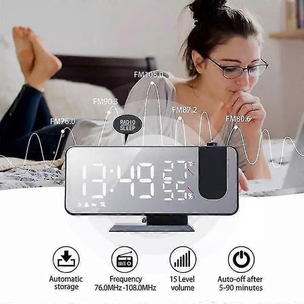 Projektionsvækkeur med USB-forbindelse, stort LED-display og dobbelt alarm