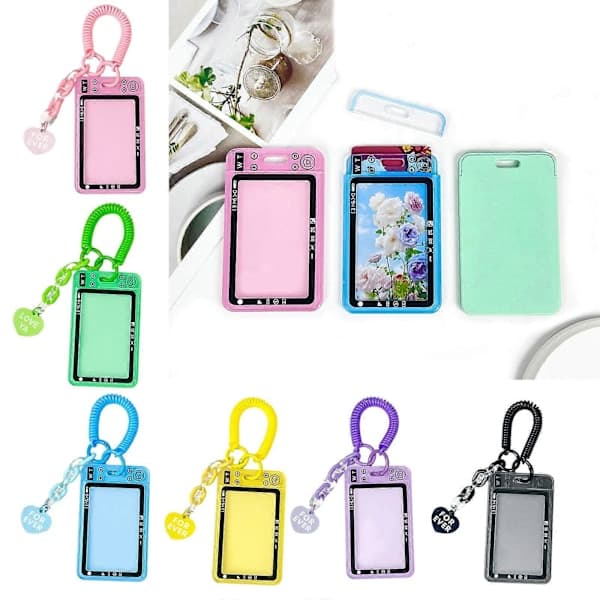 Novelty Photo Card Holder Protective Case with Retractable Spring Coil Keychain for Student Kids Purple