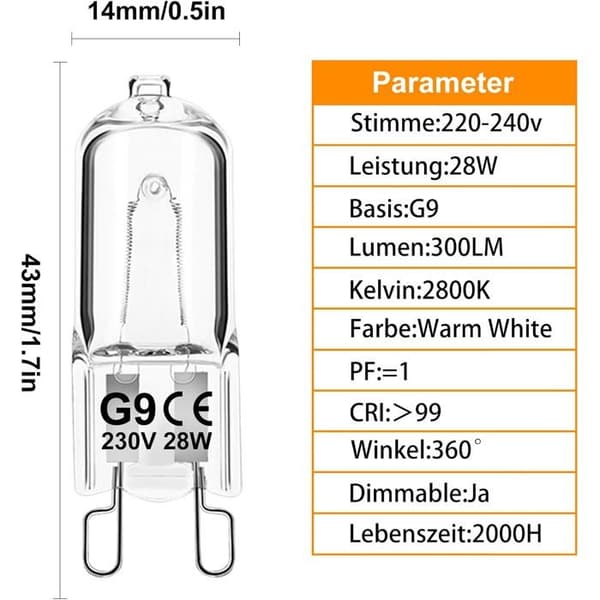 G9 28W Dimmable Warm White Halogen Bulb, 300°C Oven and Microwave Safe, Indoor Lighting