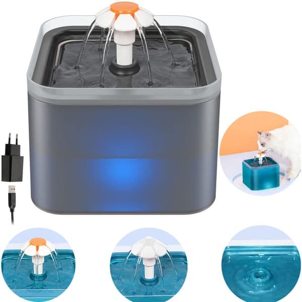2L Cat and Dog Water Fountain, Silent Cat Water Dispenser with Replaceable Filter 1pc, Grey