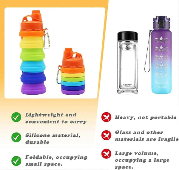 Silicone water bottle, collapsible, foldable silicone water bottle, portable bottle (500 ml, rainbow)