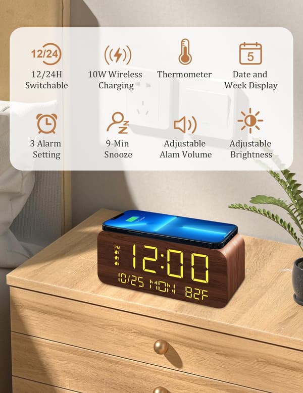 Digital Wooden Alarm Clock with LED Time Display, 3 Alarm Settings, Wireless Charging, Weekday Display, and Digital Wooden Clock.