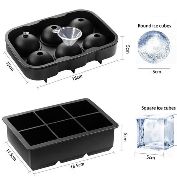 2-pack Silicone Ice Cube Trays with Lids - Spherical & Large Square Ice Molds, BPA-Free Reusable Ice Makers for Whiskey & Cocktails, Black