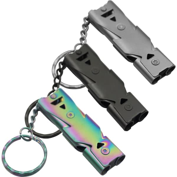 Three Items: An Emergency Whistle and a Safety Survival Key with Lanyard.