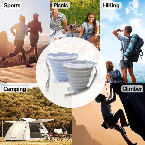 Foldable Silicone Cup with Lid - Small Collapsible Drinking Cup for Travel, Camping, Outdoor | Portable & Reusable (Blue+Grey, 180ml)