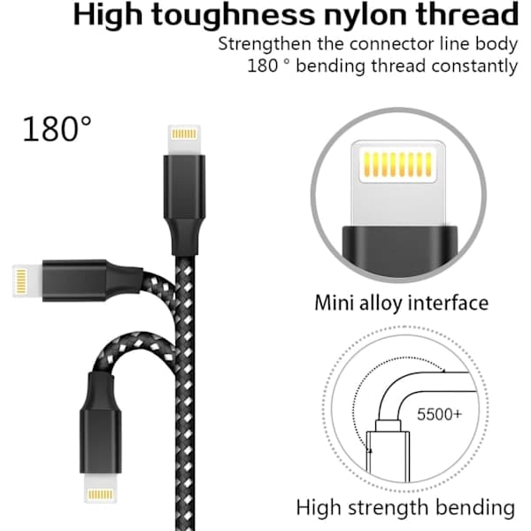 iPhone Laddningskabel 3-Pack 3FT/1M Nylonflätad Snabbladdning & Synkronisering iPhone Sladd Svart