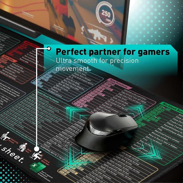 Excel Keyboard Shortcuts Mouse Pad - Extended Large XL Cheat Sheet Gaming Mouse Mat | PC Office Spreadsheet Keyboard Pad | Non-Slip Stitched Edge