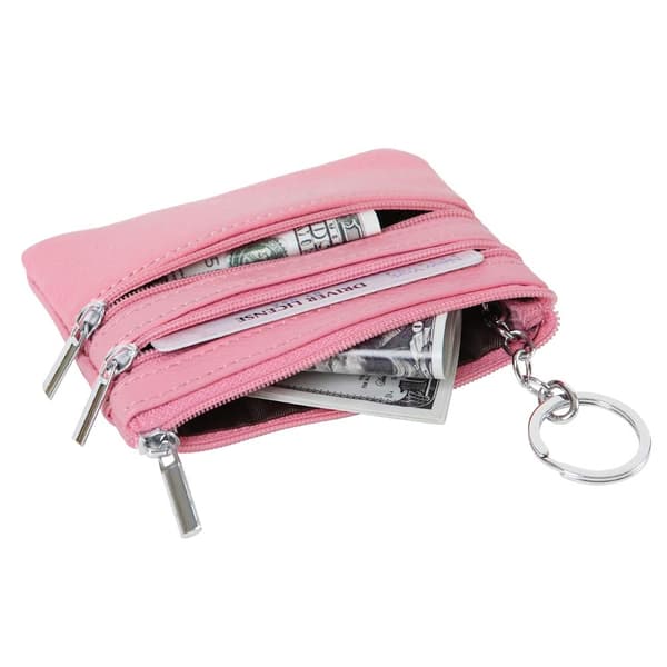Women's Genuine Leather Wallet, Mini Keychain Pouch, Green Pink Pink