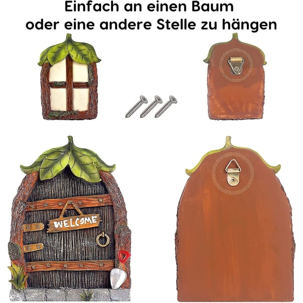 Fe-Dør Havefe-Dør Og Vindue Til Træer, 14cm Harpiks Miniature Fe-Dør Pixy Dør Have Dekoration, Gløder I Mørket (blade)