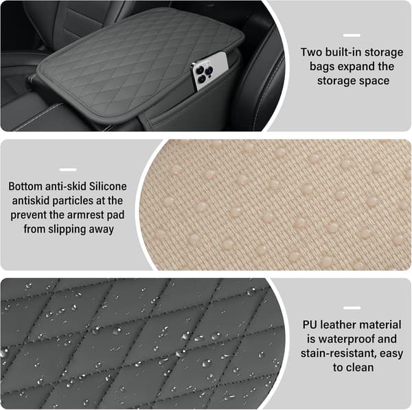 Car Center Armrest Mats, Genuine Leather Armrest Box Protective Cover, Waterproof and Scratch-Resistant, Comfortable Interior Accessories, Grey.