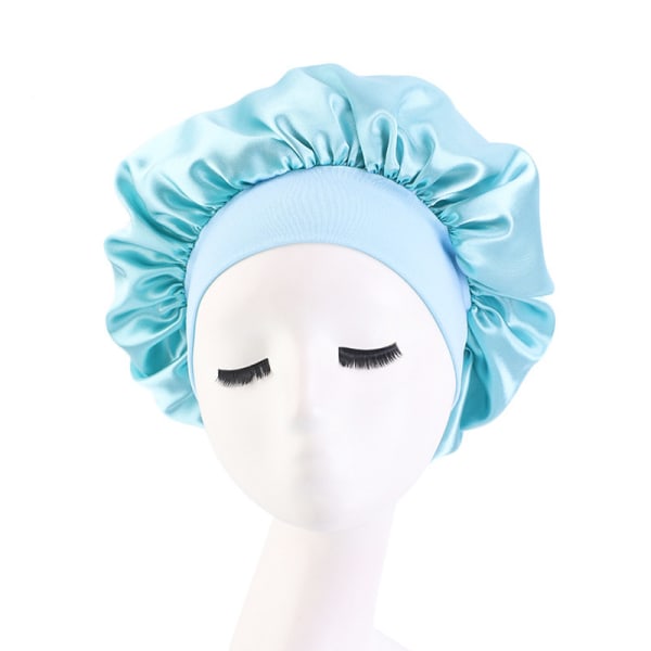 Satinbonet för att sova, sidenhårinpackning för lockigt hår med elastiskt brett band, Satin-bonet för kvinnor Light blue 1pcs