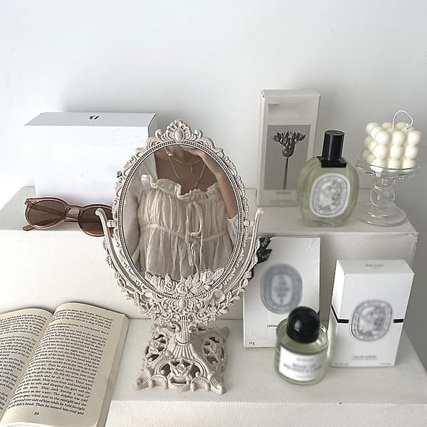 Small Oval Makeup Mirror, Finely Carved, Flip Mirror, Desk, Standing Glass Mirror