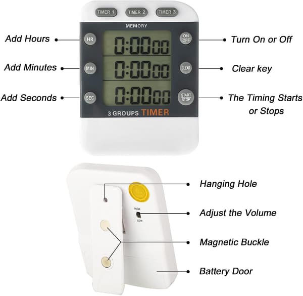 A set of two digital kitchen timers with 3 channels and countdown function, suitable for cooking, baking, grilling, and classroom use.