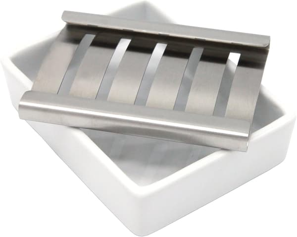 Ceramic and Stainless Steel Soap Dish with Drain for Bathroom and Shower