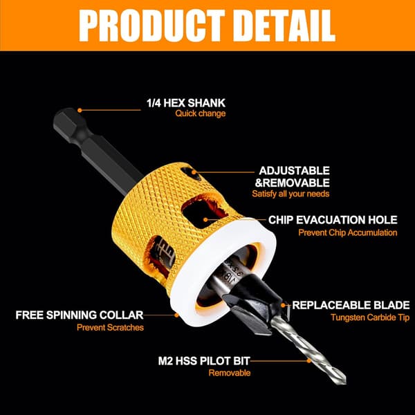 1/8 x 3/8 Countersink Drill Bit, Wood Milling Cutter with Depth Stop, Precise Drilling, 1/4\" Hex Shank, HSS, for Woodworking and Construction