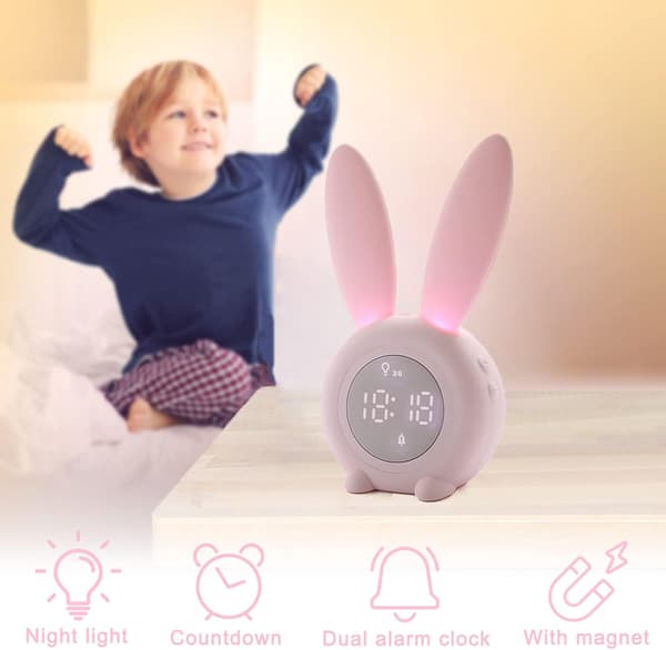 Rabbit Alarm Clock with Night Light, 6 Ringtones, Fun Touch Control and Rechargeable Snooze Clock for Kids